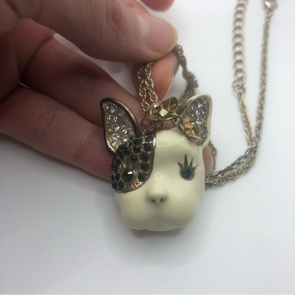 BETSEY Johnson Black & White Enamel French Bulldog Necklace 20” + 1.6” Pendant - Picture 2 of 5